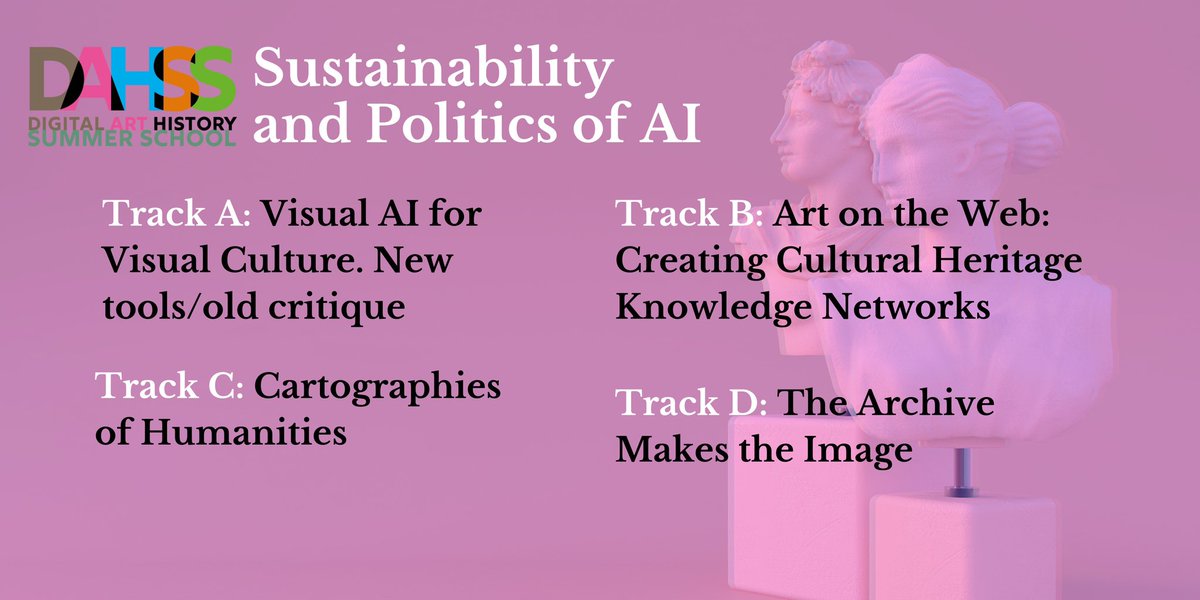 #CFP for the VII Summer School in Digital Art History #DAHSS24 in Malaga

Theme: Sustainability and Politics of AI 

🗓️Sep 2nd - 7th
📩Applications Deadline: July 12th

+ info: dahss.iarthislab.eu/2024/program/

@TelefonicaUMA <a href="/airun72/">Nuria Rodríguez-Ortega</a> <a href="/Barbararomf/">Bárbara Romero Ferrón</a> <a href="/LeoImpett/">Leonardo Impett</a> #DigitalHumanities