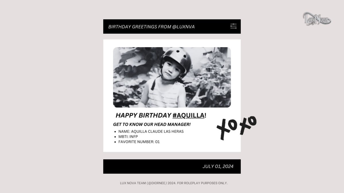 LUXNVA's tweet image. ⠀ㅤㅤ   
⠀ㅤㅤ   
       Happy Birthday to Lux Nova's
       Head Manager, 𝑨𝑸𝑼𝑰𝑳𝑳𝑨!
       
       May this year be filled with
       happiness, cheers, and
       lots of love. 

       #LUXNOVA #AQUILLA #AquiDay 
⠀ㅤㅤ   
⠀ㅤㅤ