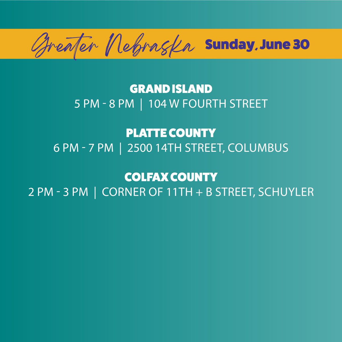 📢 GREATER NEBRASKA: There are signing opportunities today in Grand Island, Columbus and Schuyler. Stop by and add your name to our petition to protect the FUNDAMENT RIGHT to ABORTION in Nebraska!
