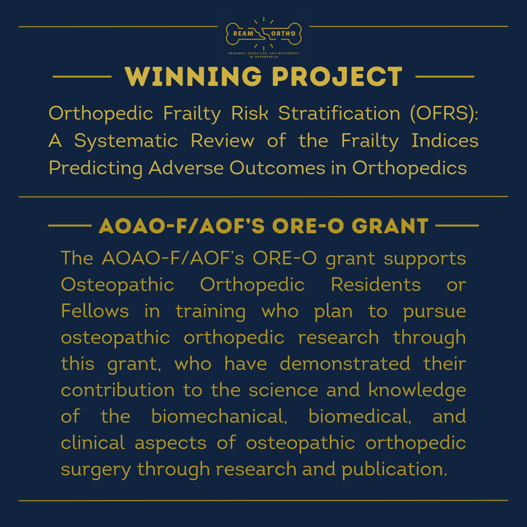 🎉CONGRATULATIONS to our very own Dr. Taylor Manes on winning the AOAO and AOF ORE-O Grant for 2024!

Dr. Manes will also be featured in the upcoming AOAO newsletter, The Orthopod. We are so proud of what you have accomplished thus far. Keep crushing it!

#reamortho #orthotwitter