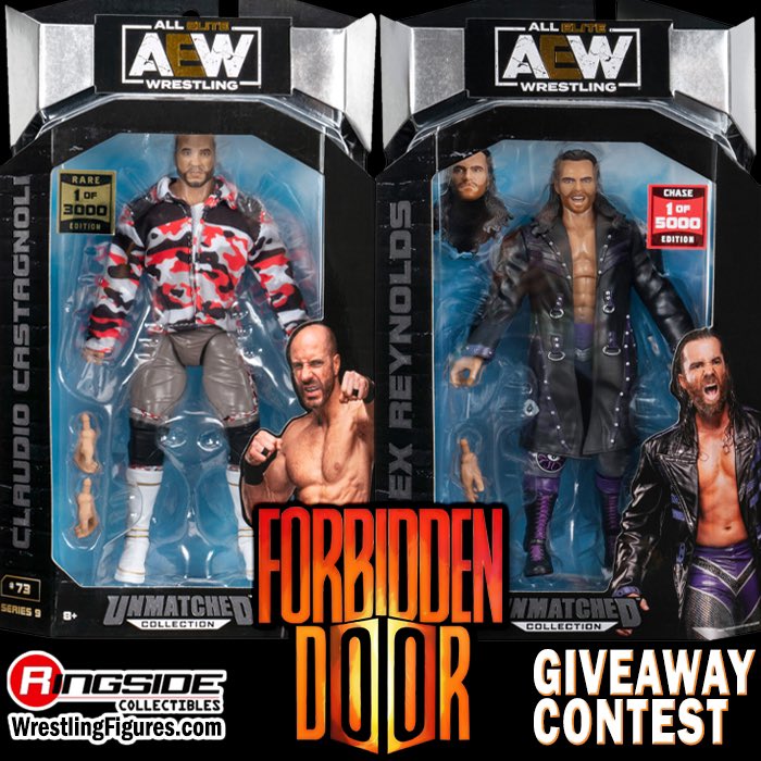 RingsideC's tweet photo. 🚪 FORBIDDEN DOOR GIVEAWAY 🚪

Enter our AEW x NJPW #ForbiddenDoor Giveaway Contest! We will select TWO WINNERS! One will win an #AEWUnmatched Series 9 Chase 1/5000 Alex Reynolds and the other will win a Rare 1/3000 Claudio Castagnoli!

To enter:
- Must be following @RingsideC 
- Like & Repost THIS post
- Reply tagging three friends and let us know what Forbidden Door match you’d want to see in the future 

Winners will be selected at random out of everyone who entered and followed the rules. Winners to be announced next week!

***YOU WILL ONLY EVER BE CONTACTED BY THIS ACCOUNT***
If any other account poses to be us and asks you for any information please report and block them! We will never ask you for payment information or to click any links!

#RingsideCollectibles #WrestlingFigures #AllEliteWrestling #Jazwares #AEWRampage #AEWDynamite #AEWCollision #AlexReynolds #ClaudioCastagnoli @ClaudioCSRO