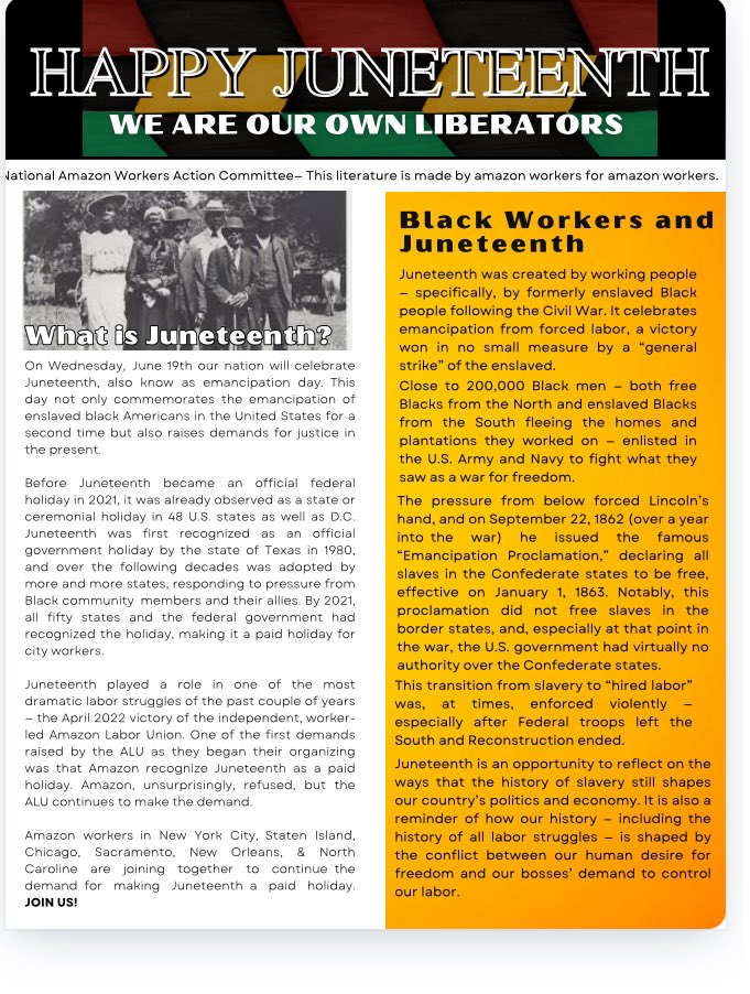 occupy_amazon's tweet photo. @amazonteamsters @Teamsters Don’t forget that on Juneteenth there were coordinated actions distributing buttons and newsletters with the same message  in NY, NJ, NC, CA, IL, LA, maybe a few more, and that’s it’s being done independently of but coordinating along with the IBT. https://t.co/LI5G7GYZgg