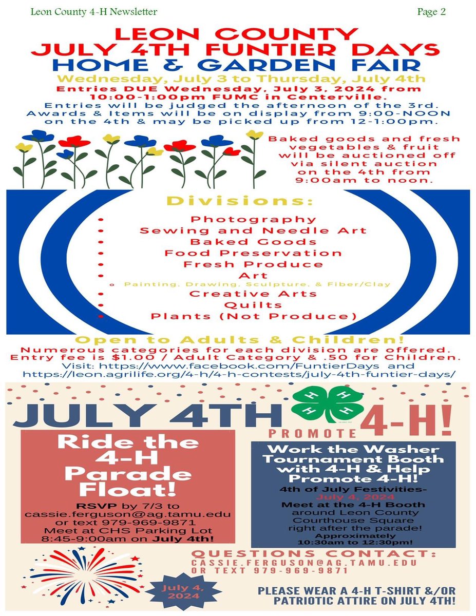 leoncounty4h's tweet photo. Happy July! Check out the Leon County 4-H JULY Newsletter! This Month: Leon County's Annual 4th of July Celebration Funtier Days, Summer Day Camps, 4-H Club Officer Training, Leon County 4-H Awards Banquet &amp; More! https://t.co/URMCKjPW8G post 1/3 https://t.co/zW9d469sxT