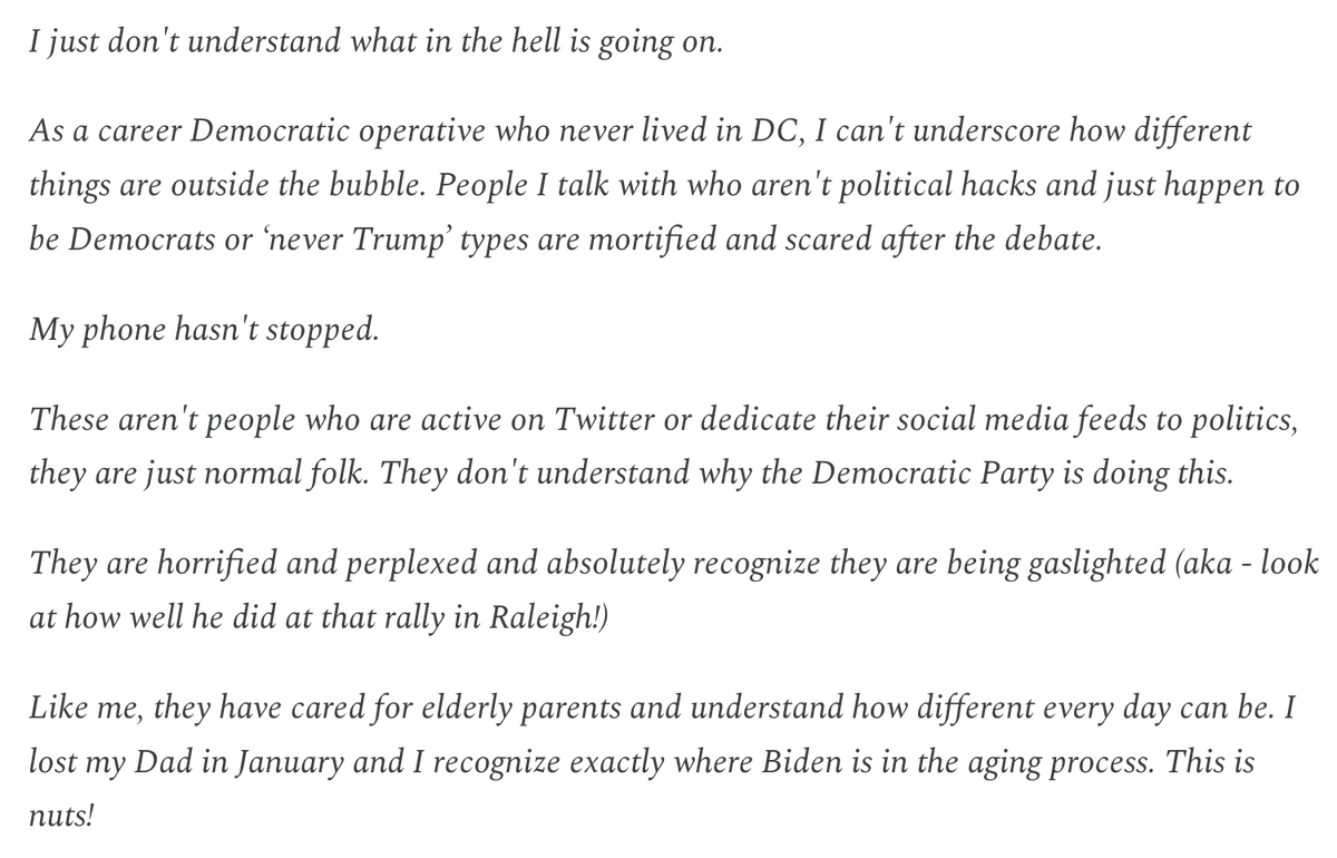 Today in my newsletter, I ran -- in full -- a text I got from a D political operative who is a delegate to the DNC this summer.

I think it's an important read.  Subscribe for FREE via the link in my bio to get it delivered to you.