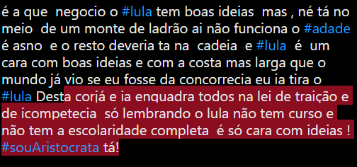 dall1100's tweet photo. só lembrando o lula não tem curso e não tem a escolaridade completa  é só cara com ideias ! #souAristocrata tá! https://t.co/g4mco647xq