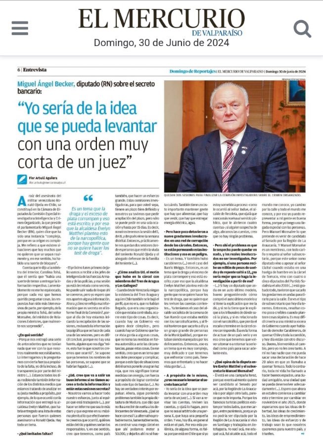 En entrevista con <a href="/mercuriovalpo/">El Mercurio de Valparaíso</a> hablé sobre el levantamiento del secreto bancario, como también de la investigación sobre el secuestro del ex teniente Ronald Ojeda. Chile necesita liderazgo en todos los poderes del Estado, para volver a construir una nación segura y próspera.