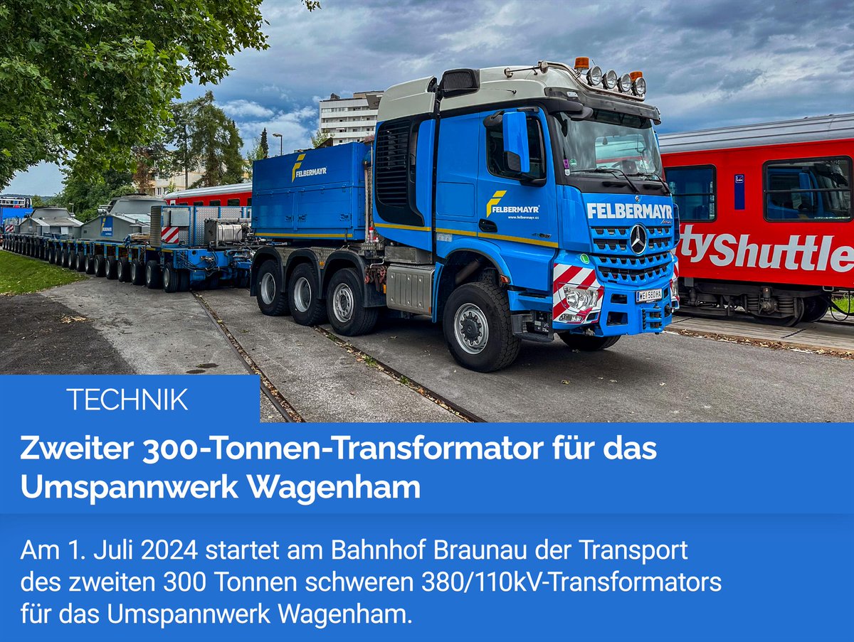 phibs_at's tweet image. Am 1. Juli 2024 startet am Bahnhof Braunau der Transport des zweiten 300 Tonnen schweren 380/110kV-Transformators für das #Umspannwerk Wagenham. phibs.at/technik/zweite… #Transformator #Wagenham #Siemens