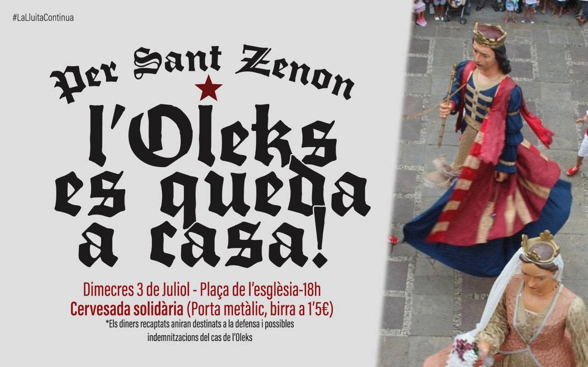 L’OLEKS ES QUEDA A CASA!

L’Oleks ha estat amnistiat per les protestes post-sentència però encara té l'amenaça d'haver de pagar 50.000 €. 

🥂 El grup de suport <a href="/OleksAbsolucio/">Oleks Absolució</a> obre la festa major d'Arenys amb una "Cervesada solidària"

*GRUP DE SUPORT DE L’OLEKS*