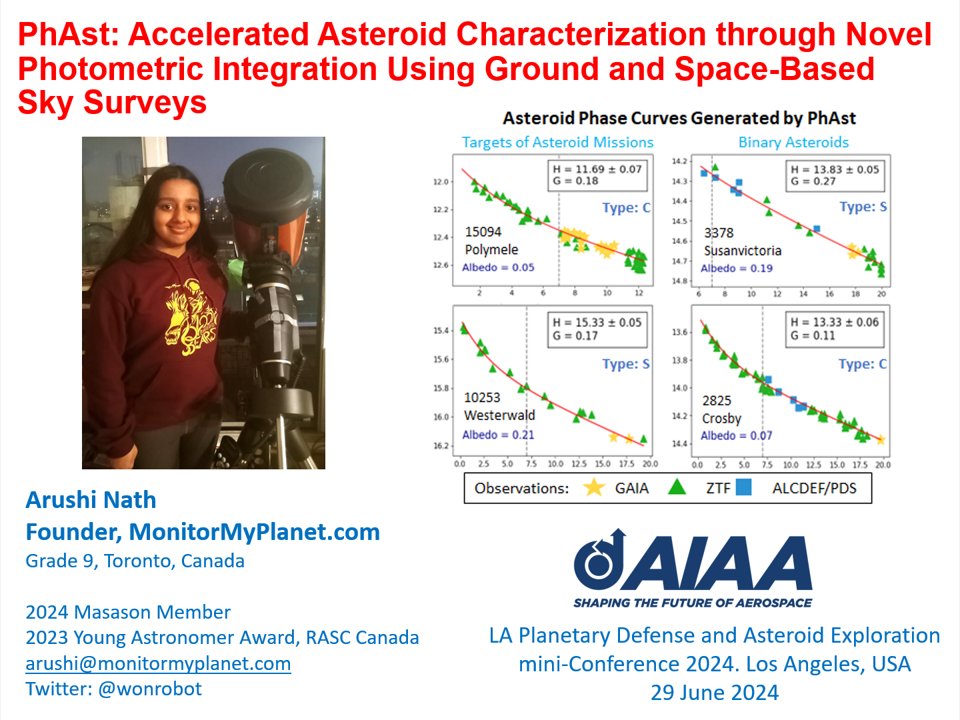 wonrobot's tweet image. My presentation on "PhAst: Acclerated Asteroid Characterisation Using #OpenData Sky Surveys" at American Institute of Aeronautics and Astronautics @aiaa_lalv @aiaa #PlanetaryDefense Conference 2024 for #AsteroidDay. -Arushi, Grade 9, Toronto @AsteroidDay
hotpoprobot.com/2024/06/30/pre…