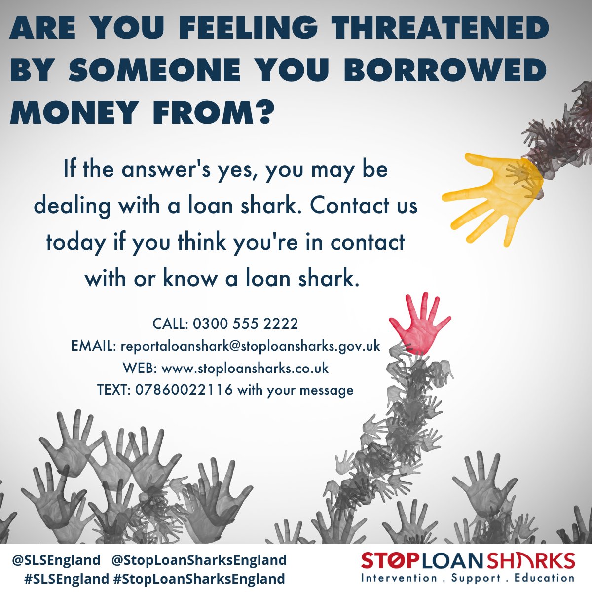 Feeling anxious or worried because you owe money to a loan shark? Help is only a phone call away. Call us on our 24- hour confidential hotline 0300 555 2222 or visit stoploansharks.co.uk to find our live chat feature #SLSEngland #StopLoanSharksEngland#LetsTalkLoanSharks