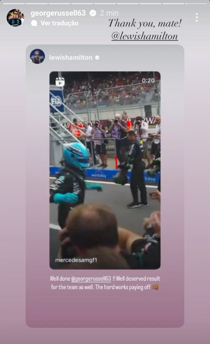 📷| Britcedes! 🩵💜 Lewis parabeniza George pela vitória de hoje. 

LH: "Bom trabalho GR!! Resultado merecido para o time. O trabalho duro valeu á pena 👊🏾"

GR: "Obrigada, amigo!"

via stories do Instagram.