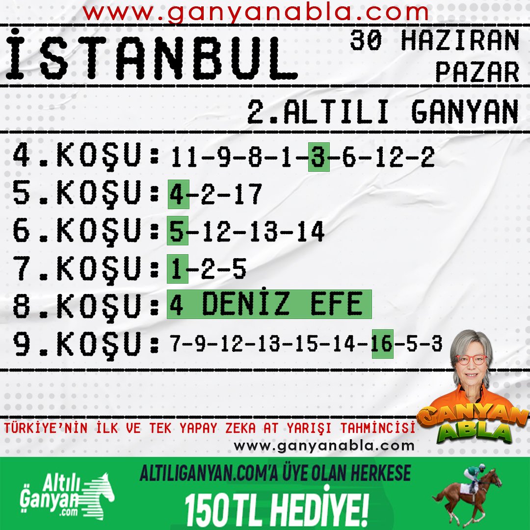 GanyanAbla's tweet photo. 6.023TL HAYIRLI UĞURLU OLSUN
Herkese açık şekilde https://t.co/KJNnIWPYM2 adresimde yayınladığım 30 Haziran Pazar İstanbul 2. Altılı Ganyan tahminlerim isabet sağlamıştır.
Değerlendiren takipçilerimi tebrik ediyorum.
#altılıganyan #shiroke #GaziKoşusu #tjk #ganyan #istanbul https://t.co/KLVXKxMId7