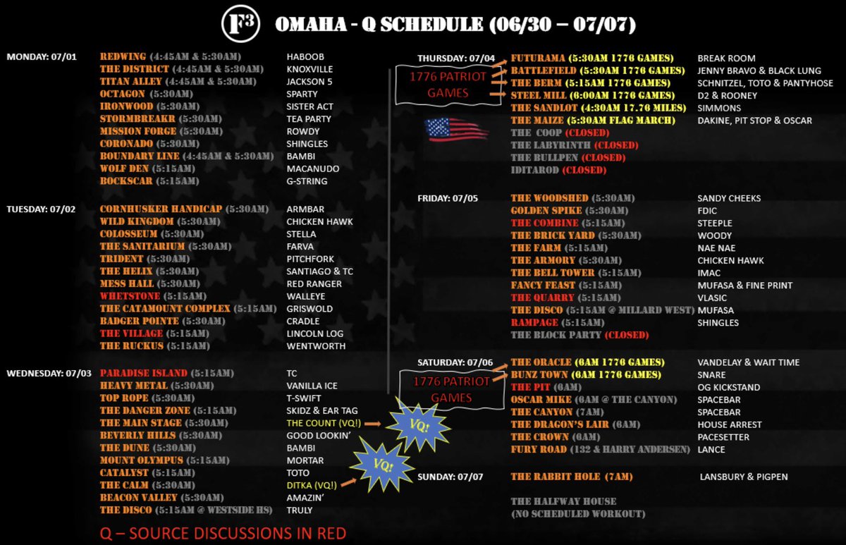 F3Omaha's tweet image. 🚨 WEEK OF 6/29 Q SCHEDULE!

VQ’s: The Count @f3mainstage &amp;amp; Ditka @F3TheCalm 

🇺🇸 1776 Patriot Games &amp;amp; Events 🇺🇸

7/4 @F3TheFuture, @f3_battlefield, @TheBermF3 &amp;amp; @F3TheSteelMill. 

@f3thesandlot 17.76 Miles @MaizeF3 Flag March. 

7/6 @F3TheOracle &amp;amp; @F3BunzTown. 

#FreedToLead