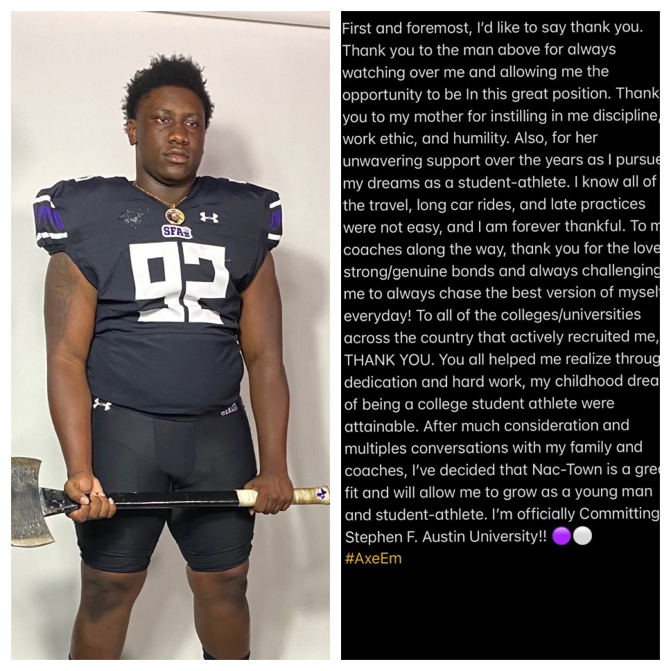 deuceunowiser's tweet photo. I believe that sometimes you don’t have to tell the story…time will #AxeEm 🟣⚪️ @SFA_Football @CoachCarthel @CoachTyWarren @RecruitAldineFB @CoachOjeda @TheNateGill https://t.co/cgvTpXwlXz