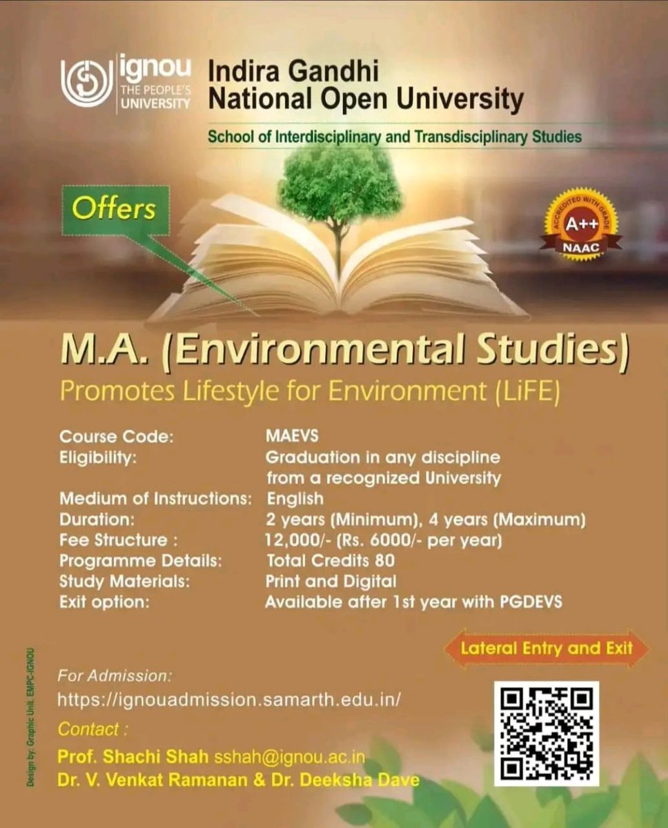 IGNOU, Admission is Open for M.Sc.( Environmental Science) and M.A ( Environmental Studies).