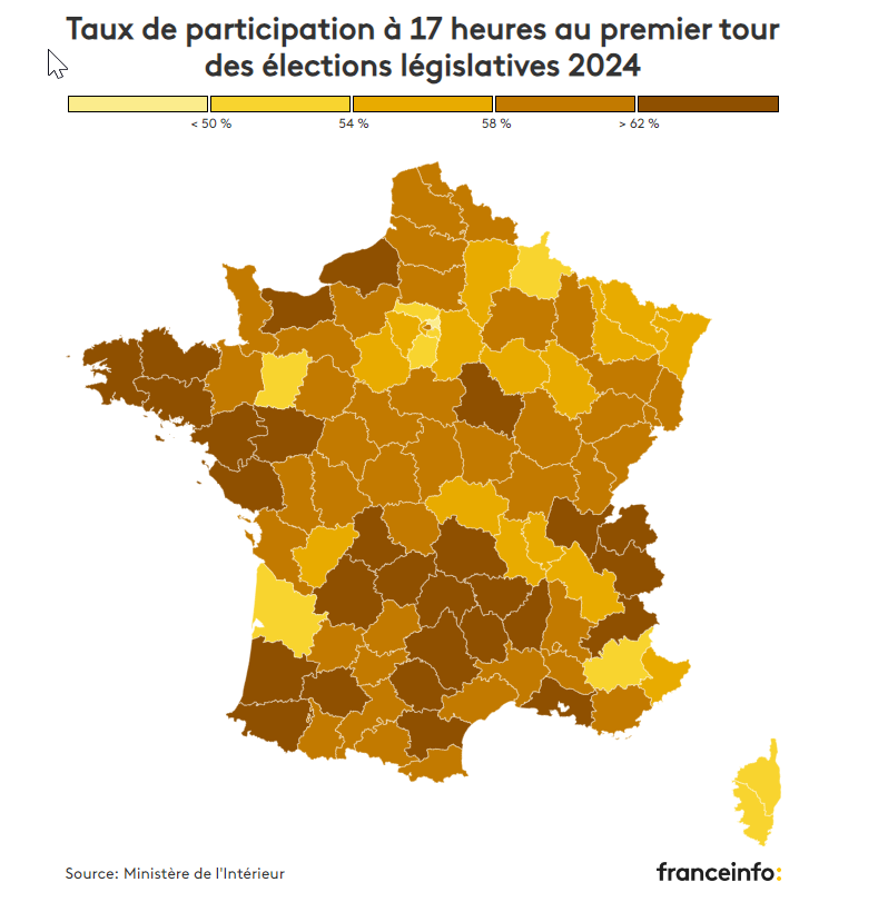 Un coup d'œil sur la participation à 17h, dans votre département (infog par <a href="/Lea_Prati/">Léa Prati</a>)

francetvinfo.fr/elections/legi…

#ElectionsLegislatives2024