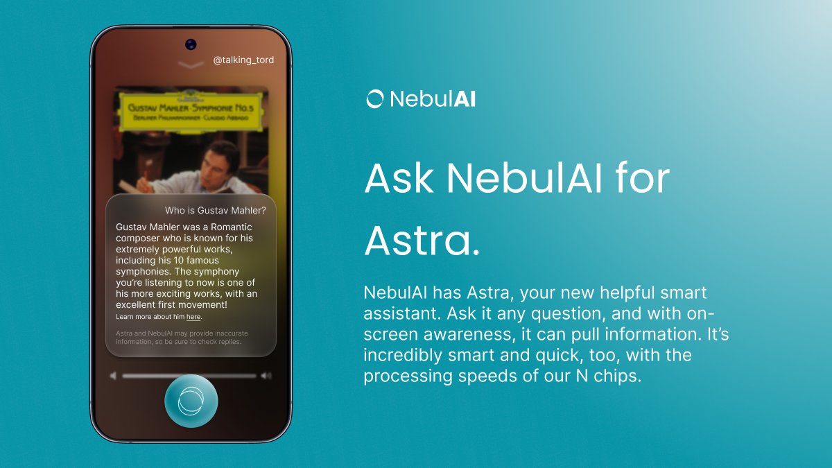 Nebulabystar's tweet photo. NebulAI allows for many new features, like a subject remover, text summarizer, writing assistant, and our new smart assistant: Astra. It's propelled by our N chip lineup. 

Read below for what four of our features do.

@OrongeNews https://t.co/65MijNQRbQ