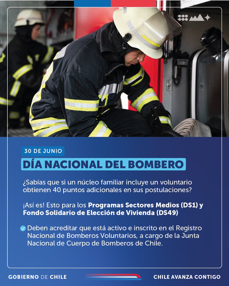 ¡Feliz Día Nacional del Bombero! 👩‍🚒👨‍🚒

En el #DíadelBombero queremos recordar que el Minvu otorga 40 puntos adicionales a los núcleos familiares que incluyen a voluntarias y voluntarios ☝️

¡Así es! para postular a los Programas #SectoresMedios y #FondoSolidario 🏘️ ✅