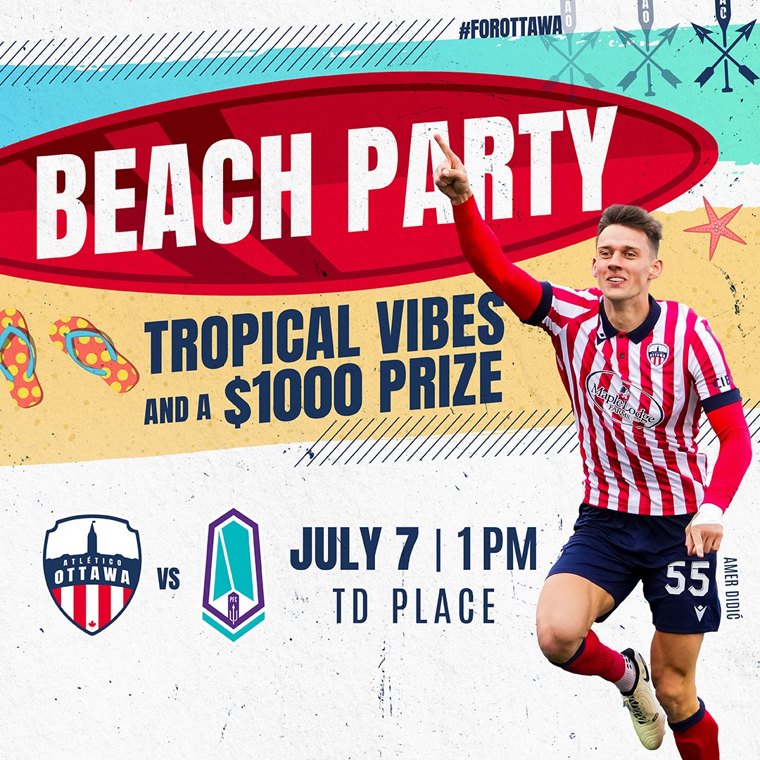 atletiOttawa's tweet photo. Next Home Match: Beach Party on July 7th at 1pm 🏝✅

Bring your sunscreen. Bring your pool floaties, and cheer on your local pro soccer club, and soak up the sun with us 🌊😎☀️

Best dressed beach-inspired outfit will be eligible to win $1000 ‼️

🔗 More: https://t.co/0lnDNM8qag https://t.co/GEgoBXQvTS