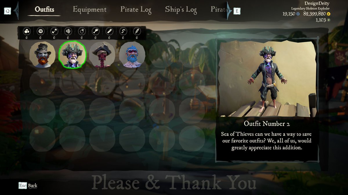 designdeity2's tweet image. Greetings, @SeaOfThieves &amp;amp; @RareLtd. I (probably) speak for all pirates. Can we please have a closet within which we save our favorite outfits? #SeaOfThieves #couture