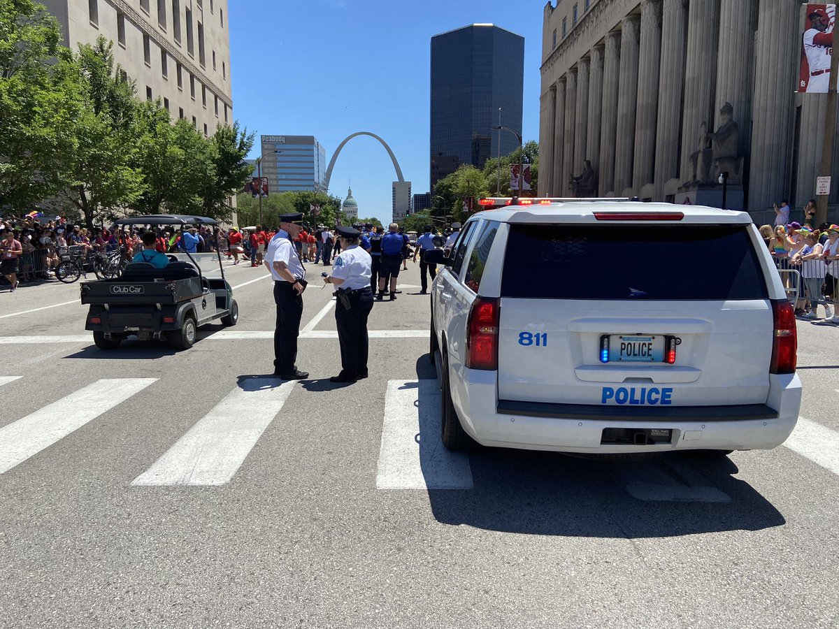 SLMPD's tweet photo. Protesters have interrupted the Pride parade. We are coordinating with event organizers to remove protesters. They have been given the first order to disperse.  #SLMPD https://t.co/YosY1Ggyt0