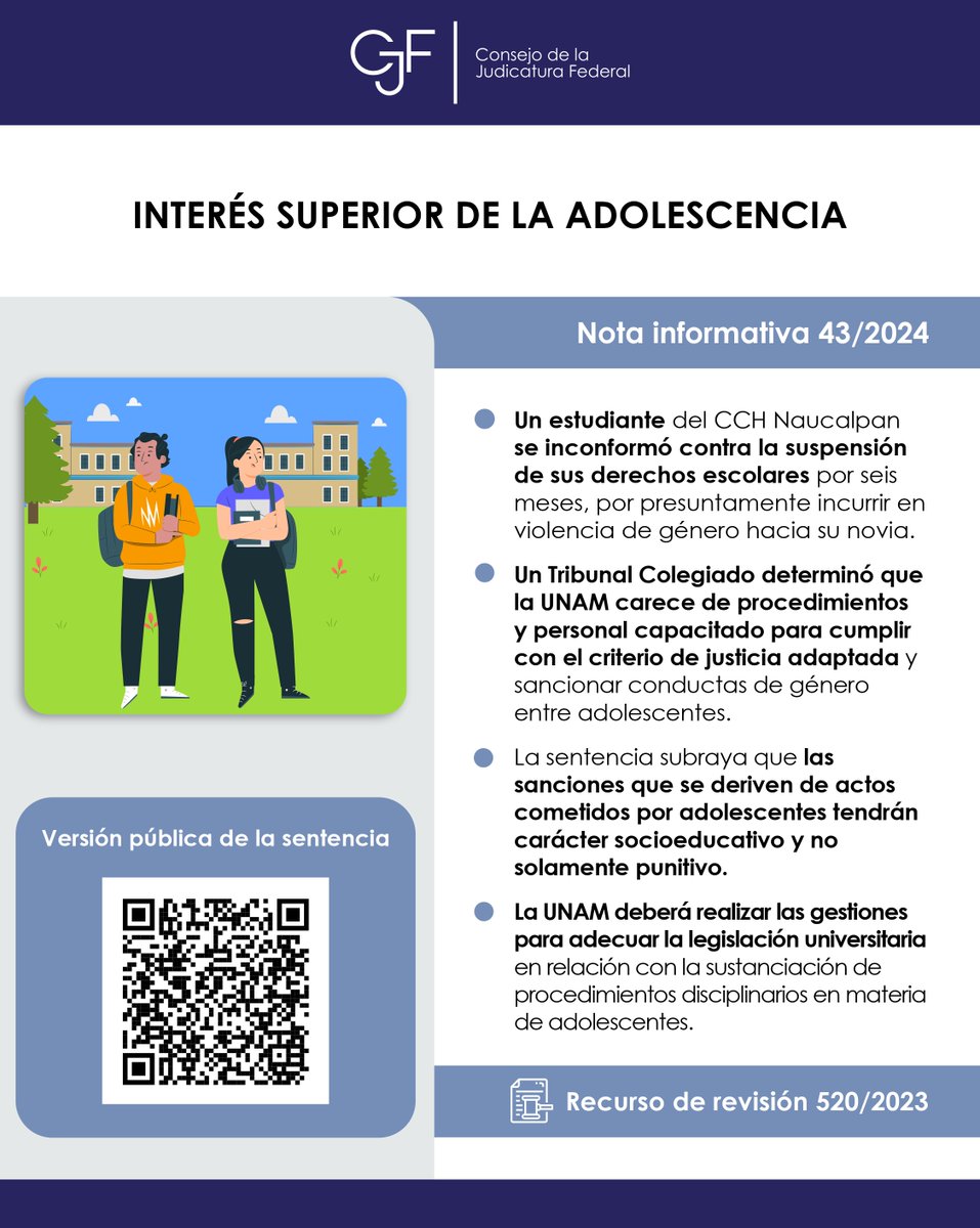 #PlenoInforma | Tribunal Colegiado ordena a la <a href="/UNAM_MX/">UNAM</a> que modifique la sustanciación de procedimientos disciplinarios en materia de adolescentes

🔗 goo.su/vzJ5OM6