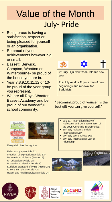 RWBAHolocaust's tweet photo. New month &amp; our @RWBAcademy @RWBA6 July value of focus is pride.  
We're raising awareness of #Srebrenica, marking Islamic New Year &amp; Asalha Puja, #IntlDayofFriendship, #NelsonMandelaDay: whilst also exploring UNCRC articles in ilearn/assemblies &amp; more. 
RT @MrDStorey1 @RWBA_S4L https://t.co/T3y6oV2oYR