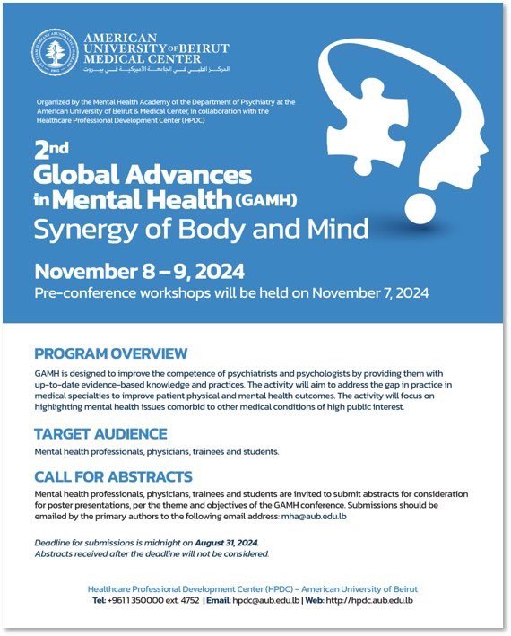 🚨Save the Date🚨

🗓️Mark your calendars and join us for the second edition of the Global Advances in Mental Health #GAMH conference on 𝐍𝐨𝐯𝐞𝐦𝐛𝐞𝐫 𝟖 𝐚𝐧𝐝 𝟗, 2024.

‼️Deadline for abstracts submission is August 31, 2024 at 11:59 pm