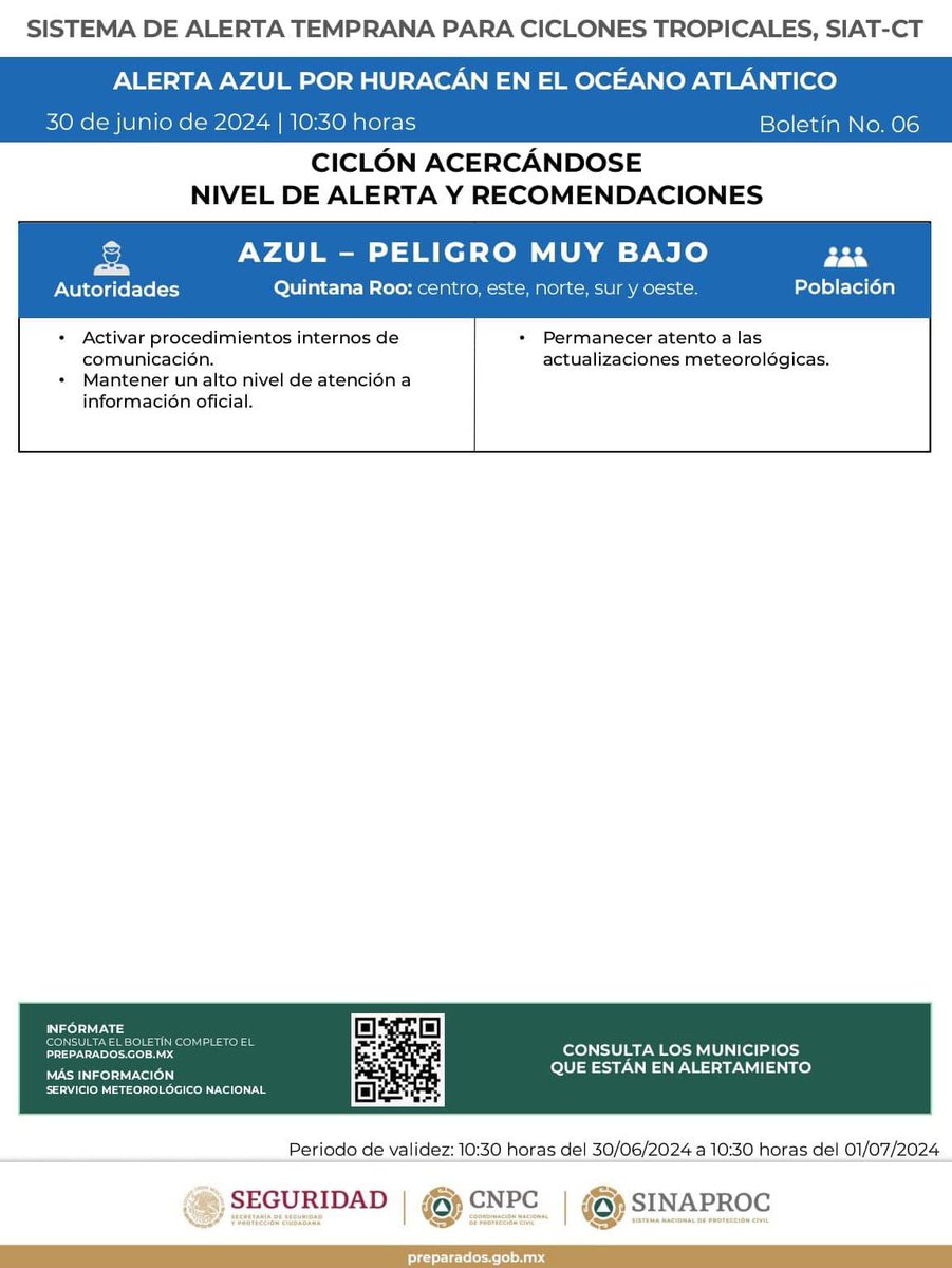 🔵⚠ ¡Importante en #QuintanaRoo entramos en #AlertaAzul ante el acercamiento del huracán Beryl! Peligro mínimo.

Les invitamos a mantenerse informados a través de medios oficiales y a seguir las recomendaciones de <a href="/conagua_clima/">CONAGUA Clima</a> y <a href="/ProtCivil_QRoo/">Coordinación Estatal de Protección Civil QRoo</a>. ¡Todos los equipos de