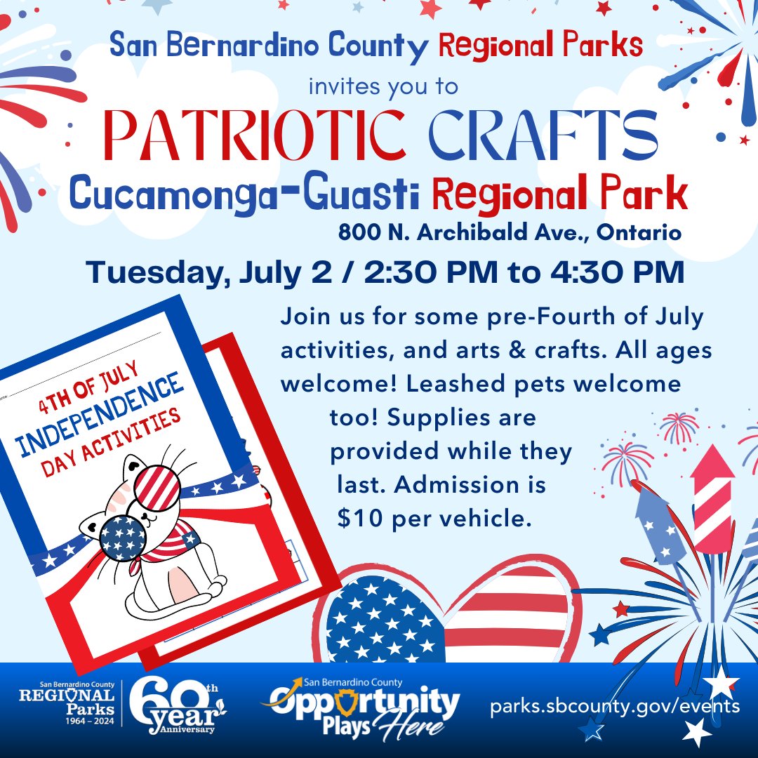 SBCounty's tweet photo. Join us for some pre-Fourth of July activities, and arts & crafts at Prado Regional Park and Cucamonga-Guasti Regional Park. Load up the kids, pack a picnic, hit the splashpad, and come out to experience some family fun. 🇺🇸
#fourthofjuly #redwhiteandblue #july4th #independenceda https://t.co/6xbVTn0p2e