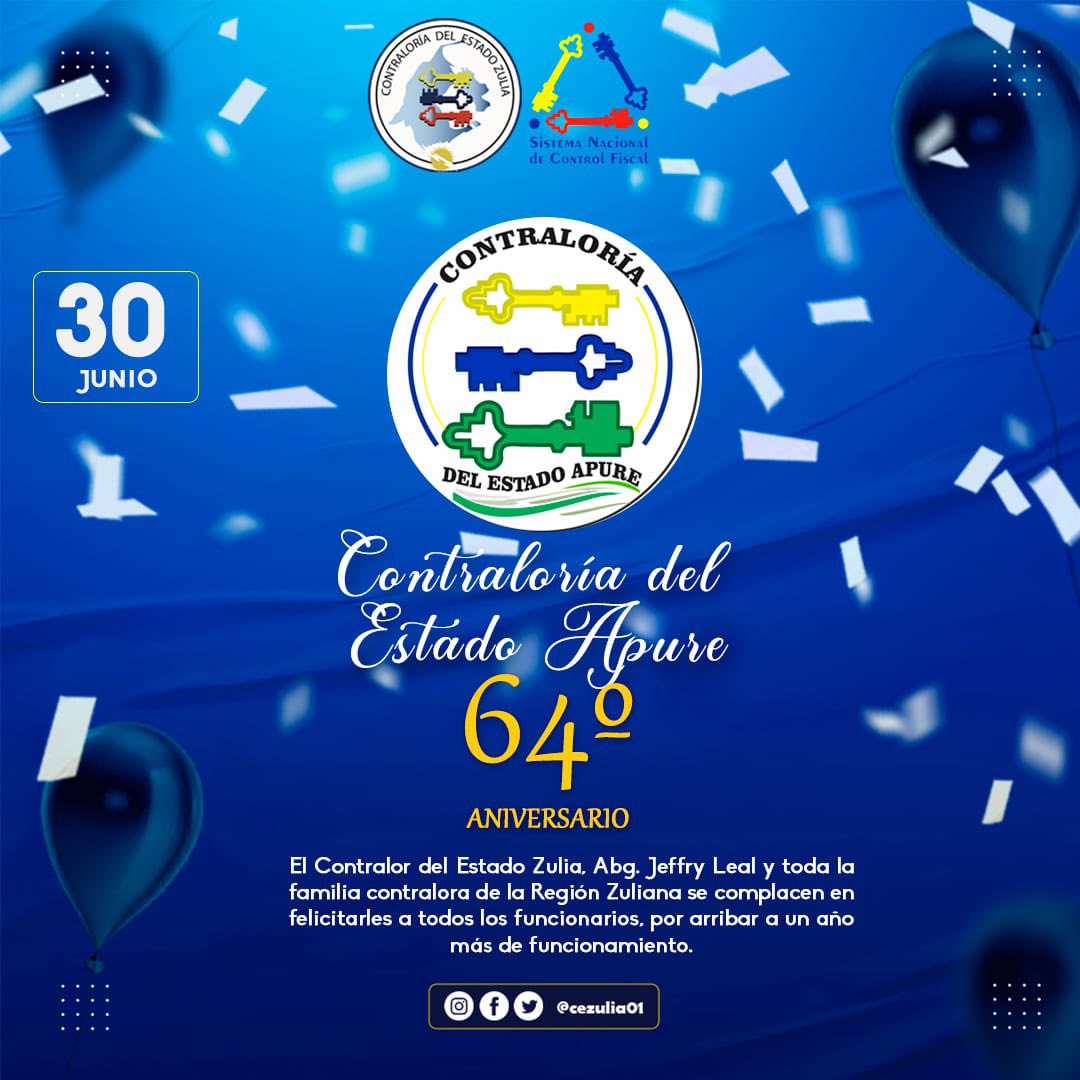 El Contralor del Estado Zulia, Abg. Jeffry Leal y toda la familia contralora  de la región Zuliana se complacen en felicitar a la Contraloría del Estado Apure  y a todos sus funcionarios por arribar a un año más de funcionamiento.

¡Muchas felicidades!

#CGR #SNCF #CEZULIA