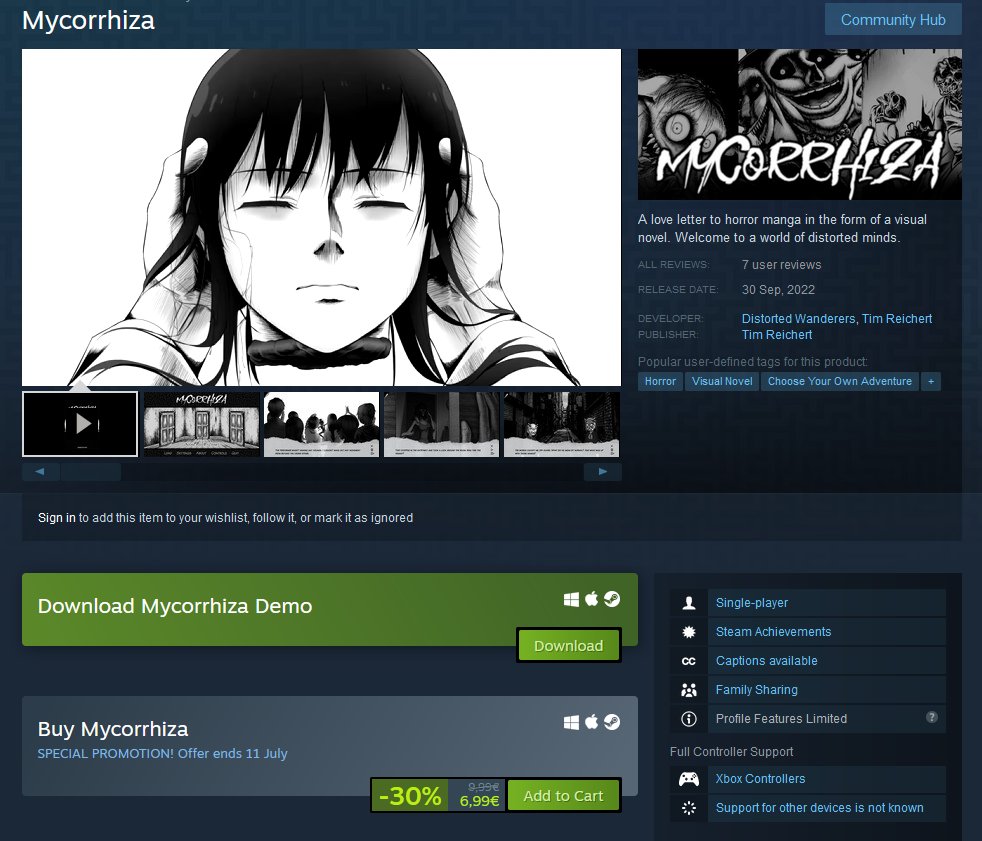 Mycorrhiza is currently part of the steam summer sale and you can get it for 30% off! We released a big update this year, so there's no better time than now to experience our horror manga inspired game!

store.steampowered.com/app/2128560/My…

#Summersale | #Horror | #IndieHorror | #VisualNovel
