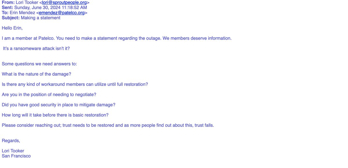 Took415's tweet image. Let me know if this is unreadable. Apologies. My emails with CEO Erin Mendez and Customer Experience rep Ms. Mink. #PatelcoBreach