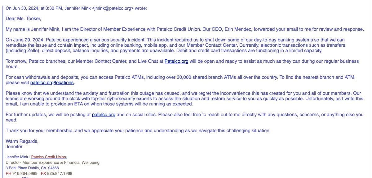 Took415's tweet image. Let me know if this is unreadable. Apologies. My emails with CEO Erin Mendez and Customer Experience rep Ms. Mink. #PatelcoBreach