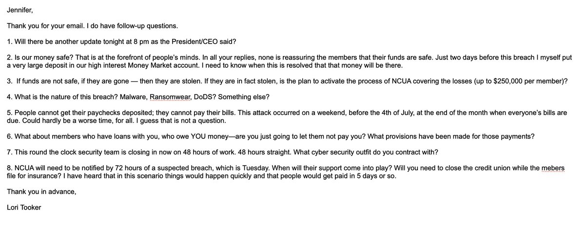 Took415's tweet image. Let me know if this is unreadable. Apologies. My emails with CEO Erin Mendez and Customer Experience rep Ms. Mink. #PatelcoBreach