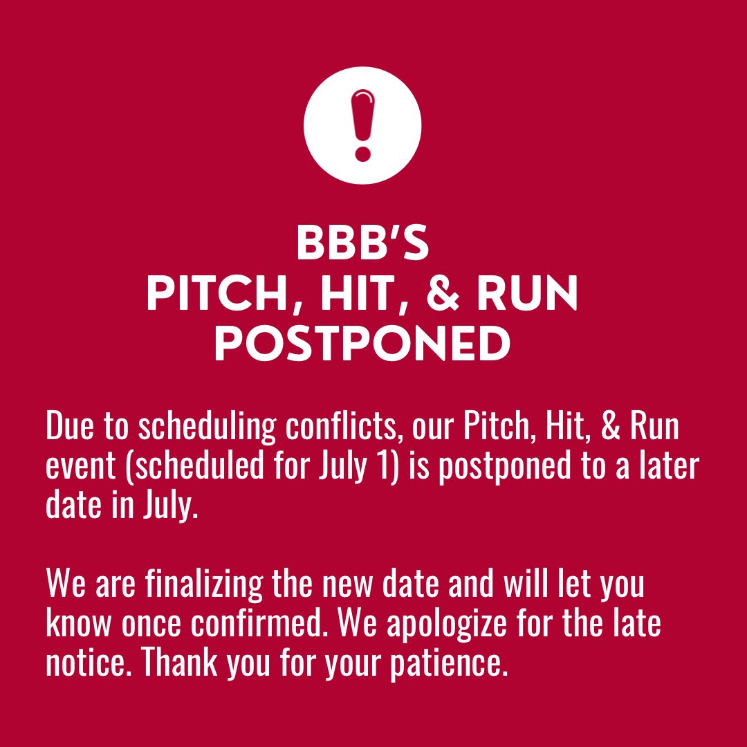 Baseball Beyond Borders (@bbbinnercity) on Twitter photo Due to scheduling conflicts, our Pitch, Hit, & Run is postponed to later in July. We are finalizing the new date and will let you know once confirmed. We apologize for the late notice. Thank you for your patience. For questions, contact Tyree Mailey at tyree@baseballbeyond.org. Due to scheduling conflicts, our Pitch, Hit, & Run is postponed to later in July. We are finalizing the new date and will let you know once confirmed. We apologize for the late notice. Thank you for your patience. For questions, contact Tyree Mailey at tyree@baseballbeyond.org.