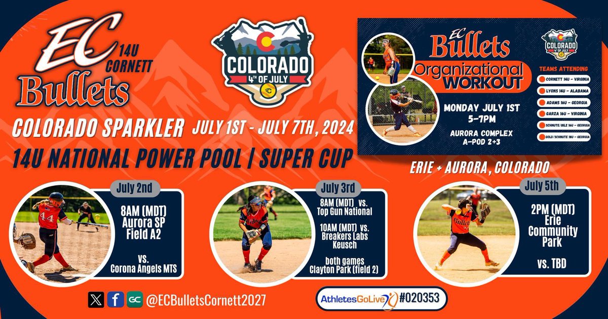 So excited to spend the July 4th week in Colorado with my girls playing softball!! LETS GO‼️💣
<a href="/BulletsCornett/">EC Bullets Cornett</a> 
<a href="/los_stuff/">Carlos Arias</a> 
@catch42softball 
<a href="/ImpactRetweets/">Impact Promotions</a> 
<a href="/LineDsoftball/">Line Drive Media</a> 
<a href="/SBRRetweets/">Softball Recruiting Reposts</a> 
<a href="/LegacyLegendsS1/">Legacy & Legends Softball</a> 
<a href="/SoftballRecruit/">Softball Recruit 🥎</a> 
<a href="/ElliottSaysWhat/">Brandon Elliott</a> 
<a href="/jmrw20/">Justin Walker</a> 
<a href="/Coach_Jo4444/">Joanna Hardin</a>
<a href="/VTechSBcoach/">Pete</a>