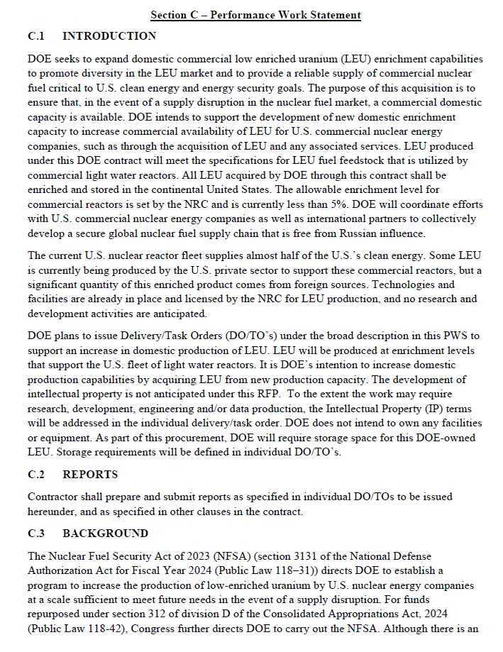 quakes99's tweet image. 🎇🎆😲ICYMI.. US Department of @ENERGY has issued a US$3.4 Billion Request for Proposals (RFP) for the purchase of Low-enriched #Uranium (LEU), the fuel used in the 94 operating US #Nuclear reactors.🛢️⚛️⚡️🇺🇸

I've done a deep dive into the RFP🧾🤿 so let me break it down for U:👇…