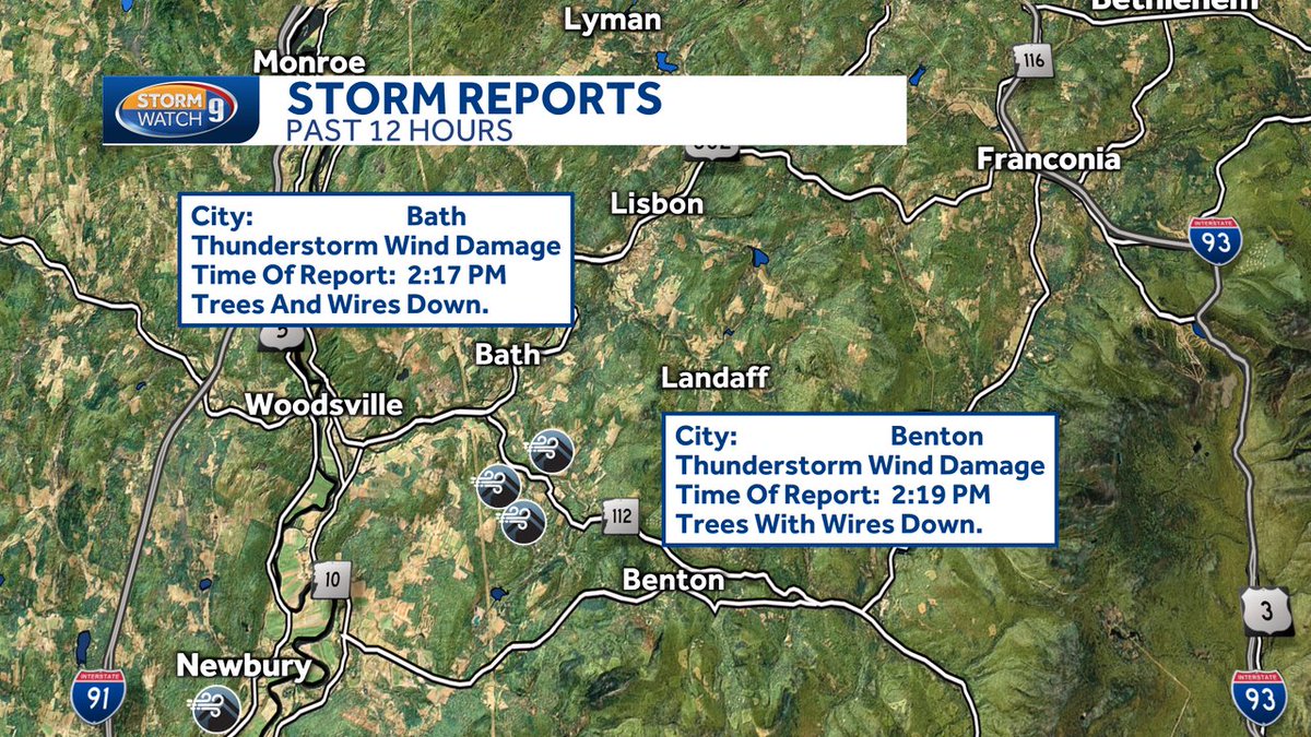 JacquelineWMUR's tweet photo. A few storm reports from that severe-warned cell as it passed through Grafton county. A few reports of wind damage out of Bath and Benton with trees and wires down. #NHwx #storm #sunday #severwx https://t.co/PubUitbwOk