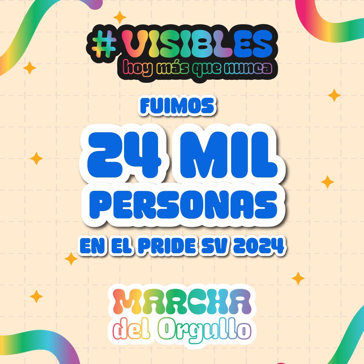 ¡Cada persona que salió, marchó y se hizo #VISIBLE, marcó la historia del #Orgullo en El Salvador! 🇸🇻🏳️‍🌈🏳️‍⚧️❤️ Fuimos 24 mil personas en la Marcha del Orgullo 2024 #PrideSv2024 👏🏾

#VISIBLES hoy más que nunca #Pridesv #Orgullo #lgbt