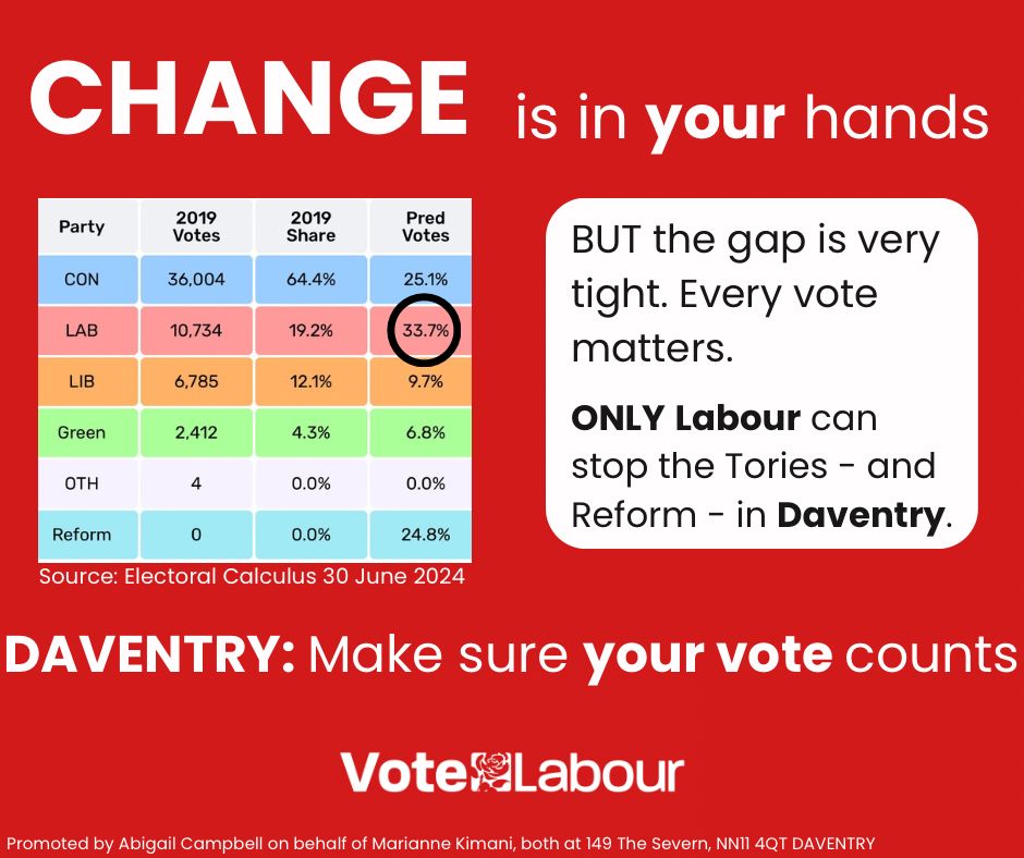 DaventryCLP's tweet image. Daventry, CHANGE is in your hands on Thursday. 

Vote Labour, vote for Marianne for Daventry 🌹🗳