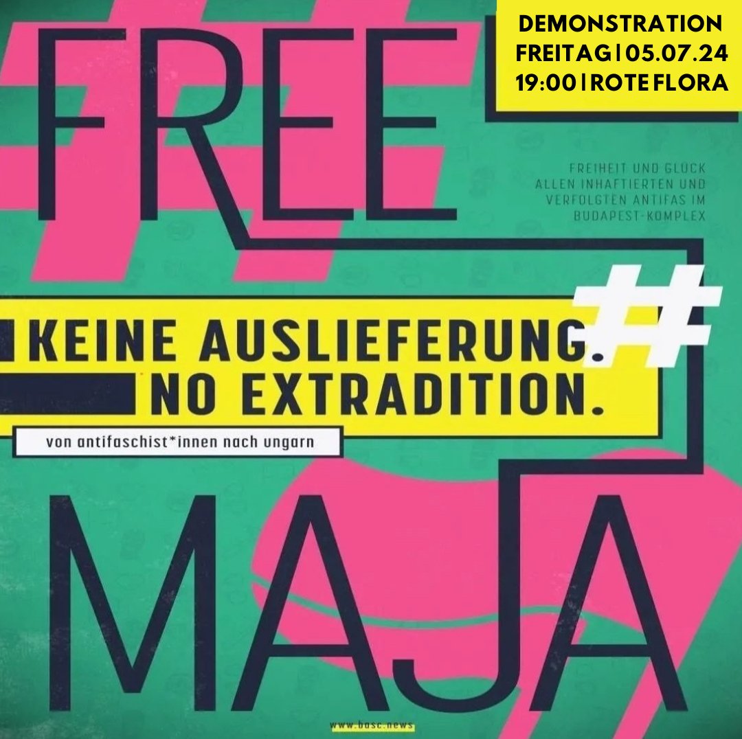 flora_rote's tweet image. Fassungslos und voller Wut haben wir letzten Freitag erfahren, dass die Entscheidung zur Auslieferung von Maja nach Budapest mitgeteilt wurde. Trotz erfolgreichem Eilantrag beim Bundesverfassungsgericht wurde Maja in einer Nacht- und Nebelaktion nach Ungarn entführt.