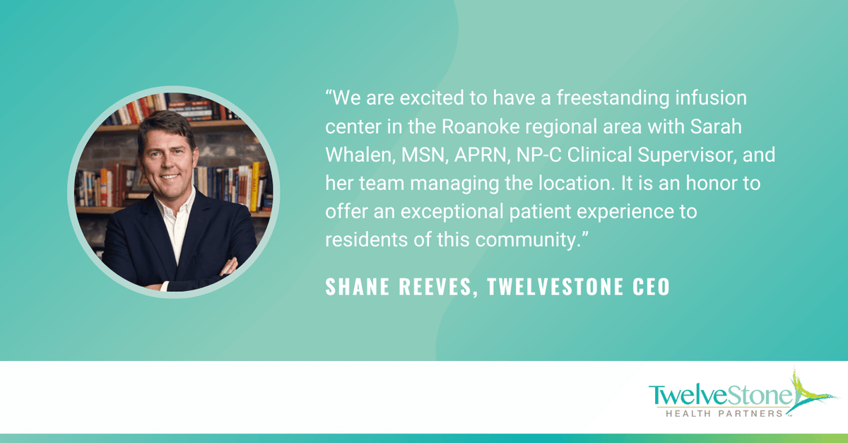 12stonehealth's tweet photo. Excited to highlight the opening of our 21st Infusion Center in Roanoke, VA! Our CEO, Shane Reeves, shares his enthusiasm for expanding our mission to provide exceptional chronic care.

Read more: https://t.co/DKCn3UoSyi

#12Stone #Infusion #ChronicCare https://t.co/TjZqBJ9kCg