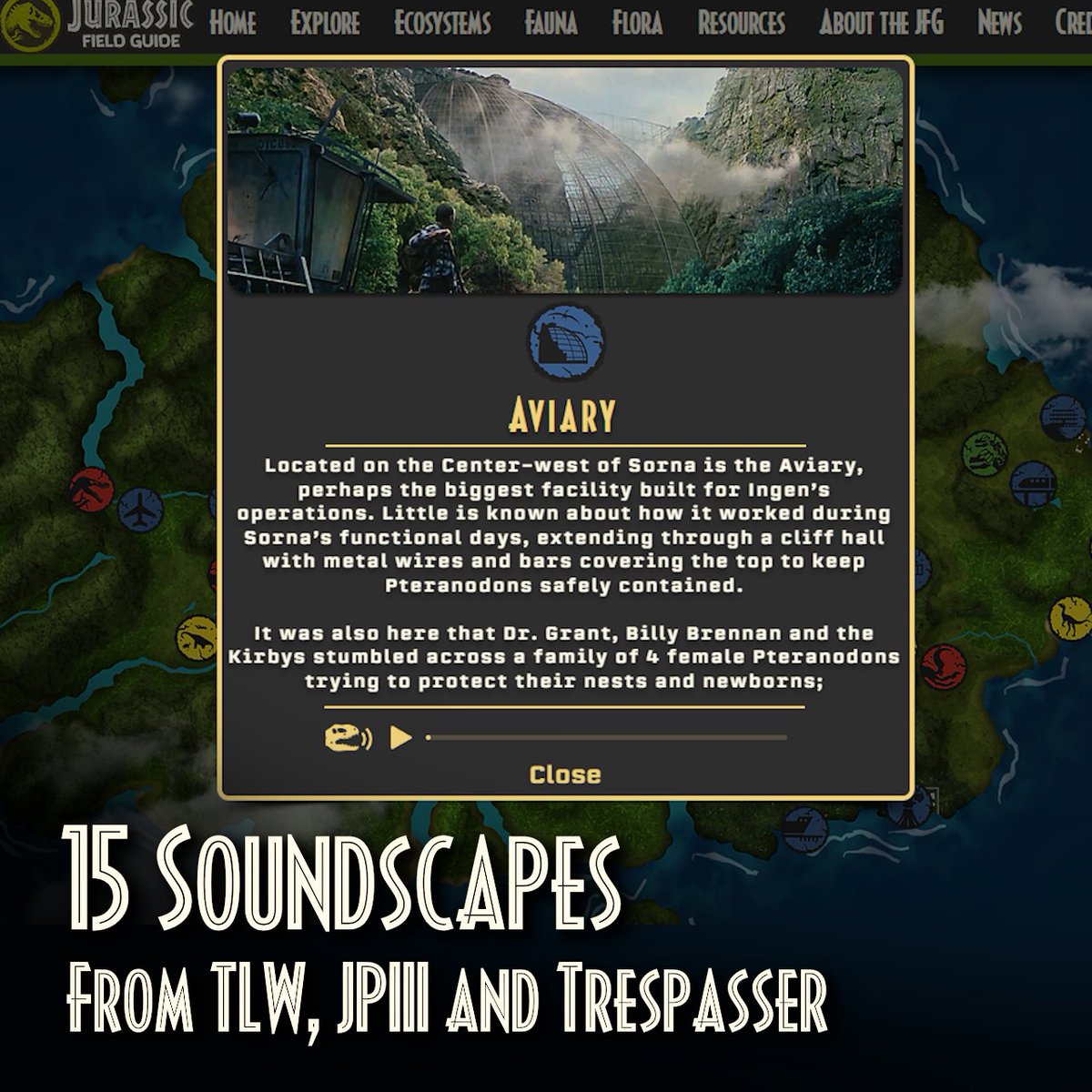 Lucca2951's tweet image. To wrap up #JurassicJune, the long-awaited Sorna Update to the Jurassic Field Guide is NOW LIVE! 🦕

Learn everything about John Hammond&apos;s Lost World with new Animals, Plants and a new interactive map!
lucca2951.wixsite.com/jurassic-field…

#JurassicPark3 #TheLostWorld #JurassicParkTrespasser
