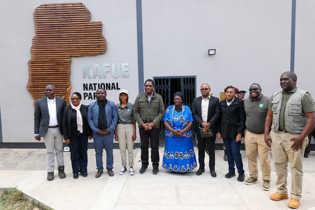 HHichilema's tweet photo. Took time today to visit Kafue National Park, met with local chiefs &amp; @AfricanParks leaders to discuss conservation &amp; development. Through our joint efforts to preserve our environment &amp; protect wildlife, we can combat the effects of climate change for economic development. #DNPW https://t.co/oM0Cvy9SCy
