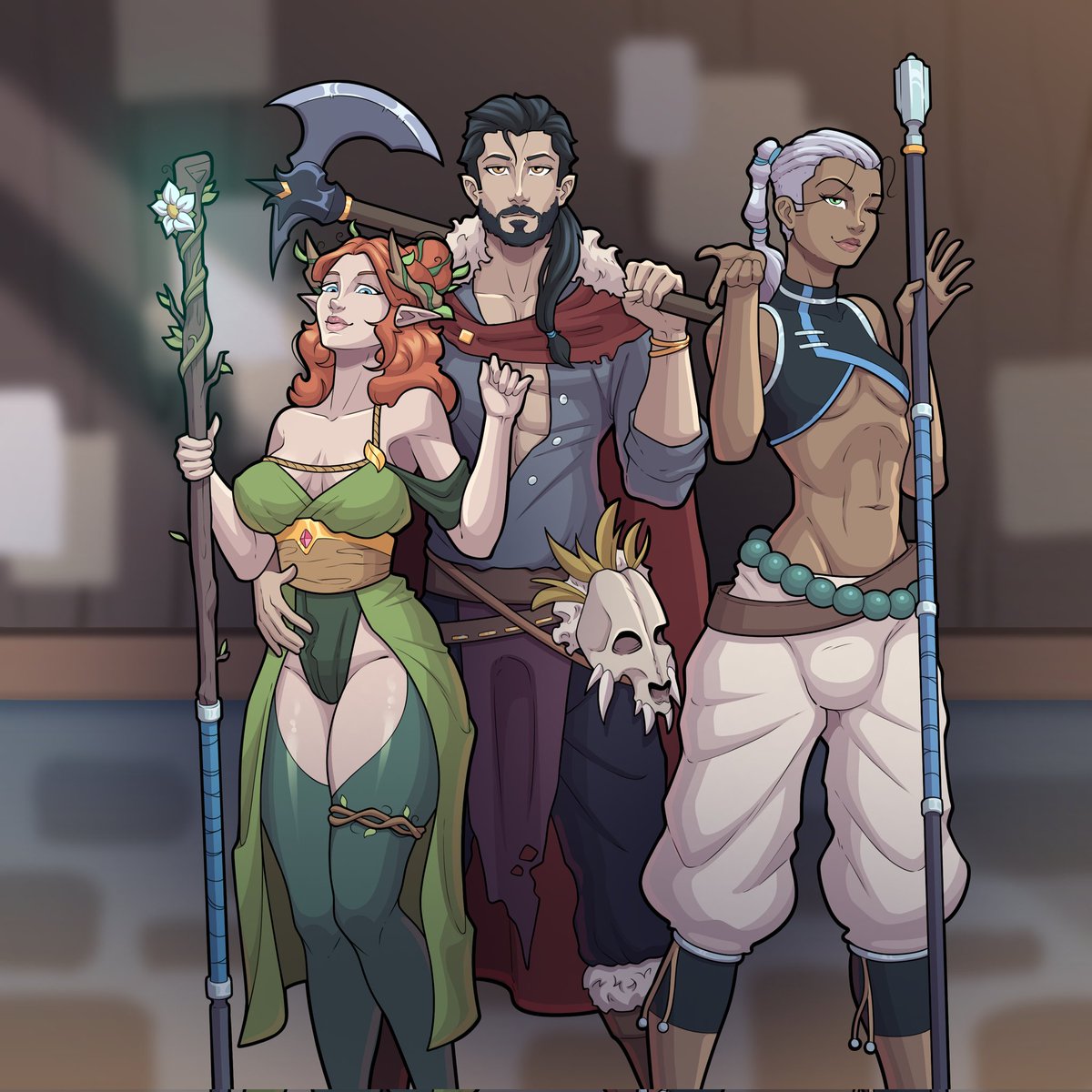 RunusB's tweet photo. Say hello to Willow Daybreak, Carver Nifhtshade, and Tann Mirthtrap. My wife's and my dnd characters. @kormmo_rpg did a great job on this. We adore them. Be sure to give them a follow. https://t.co/oNkkBIYWMK