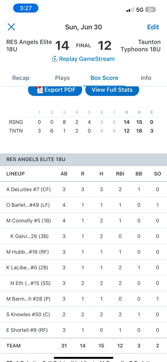 RES Angels 18U Elite hit their way into the semi finals of the USA Softball MA State Tournament. Down 9-0 came back to win 14-12!