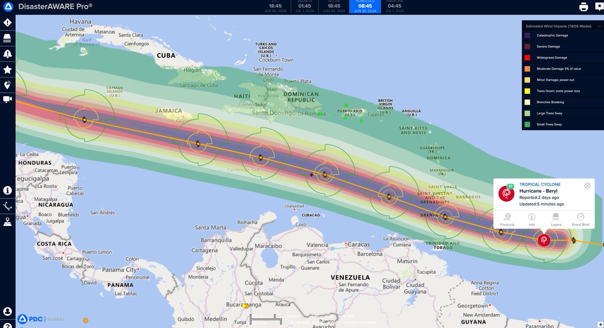 PDC_Global's tweet photo. Hurricane Beryl has intensified to an extremely dangerous Category 4 hurricane, on trajectory to impact the Windward Islands of the Caribbean within the next 48-72 hours. Based on the most recent forecast, Grenada is currently facing the most extreme impact including dangerous wind, rainfall, and storm surge. St. Vincent and the Grenadines are a close second on the path of Beryl. Other islands likely to be impacted include Barbados, St. Lucia, and Trinidad and Tobago.

Beryl is the earliest Category 4 on record in the Atlantic Ocean and the only Category 4 storm ever to be recorded during the month of June.

PDC is working closely with our partners throughout the Eastern Caribbean region to provide real-time updates and our advanced analysis of the impacts to aid preparation, response, and recovery as this event unfolds. Check our DisasterAWARE platform for ongoing updates and advanced analysis of impacts within minutes of each forecast advisory.

#HurricaneBeryl #Grenada #stvincent #grenadines #StLucia #barbados #trinidadandtobago
#disasteraware #saferworld
@NaDMAGrenada
@NEMO St. Vincent and the Grenadines
@saintluciaNEMO 
@dem_barbados
#BarbadosRedCross
@USEmbassyBtown
@ODPMTT
@ODPM_TT 
@TTRedCross1
@cdemacu 
@UNOCHA