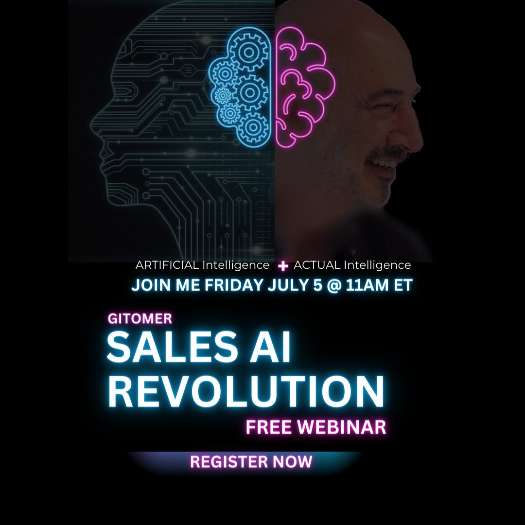 gitomer's tweet photo. THE GITOMER SALES AI REVOLUTION HAS BEGUN... AND IT'S LIKE NOTHING YOU'VE EVER SEEN.  Reserve your seat to join us: https://t.co/TVVtqe4eBo #AI #salesAI #salestips #gitomer #artificialintelligence https://t.co/Kw3WoLuhwT