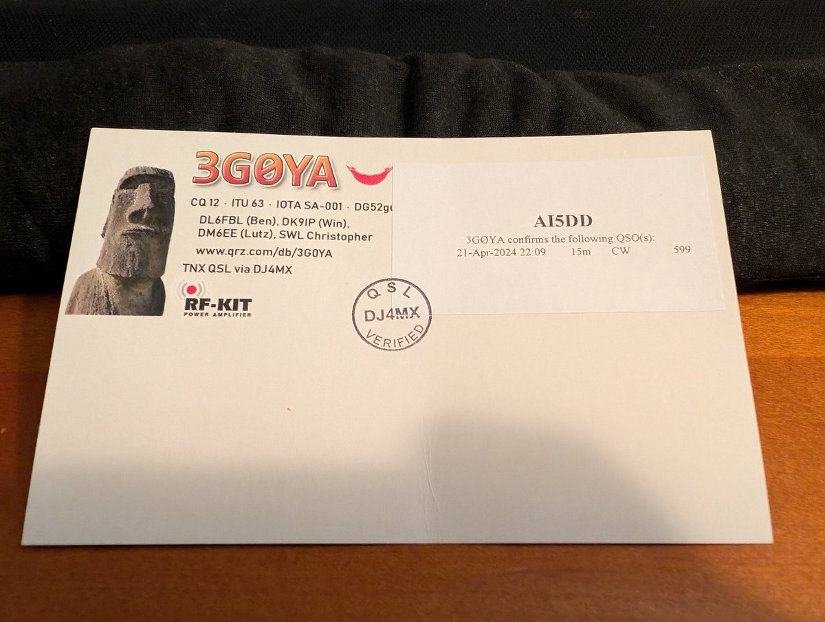 josefius's tweet photo. I received my QSL card from #3G0YA for their #EasterIsland #dxpedition #CW 15 meters. https://t.co/kX7B6tWi1U